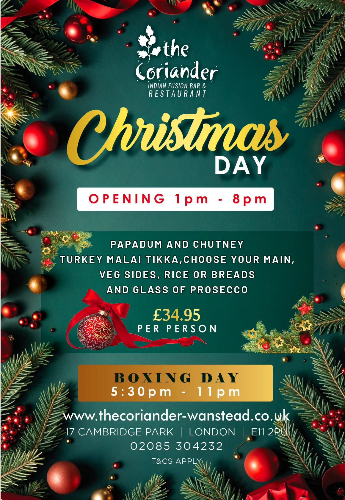 The Coriander Christmas Day Special Menu